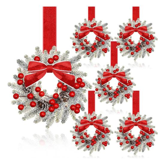 Mini vánoční věnec s červenou sametovou mašlí Dekorace na dvířka skříňky pro kuchyňské okno Selský dům Vchodové dveře Zeď Krb Bobulová girlanda