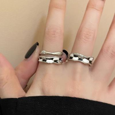 Retro Enamel Irregular Gold Color Open Rings for Women New Trendy Double Deck Checkerboard Grid Rings French Fashion Jewelry