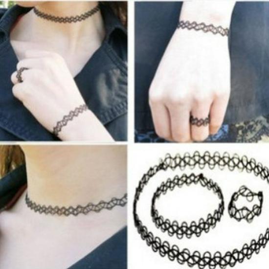 Japon Harajuku Eva Dövme Choker Kiko Tarzı Punk Retro Kolye, Yüzük ve Bileklik Seti