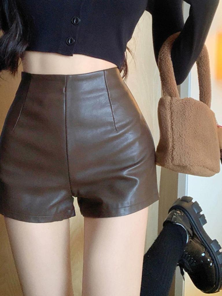 Women's 2023 High Waist Black Leather Shorts - Slim Fit A-line Hot Pants