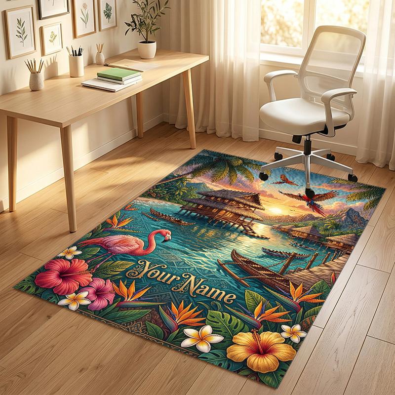 Tropical Leaves Theme Soft Crystal Velvet Rug Custom Name & Text Print Non Slip Floor Rug for Bedroom Living Room
