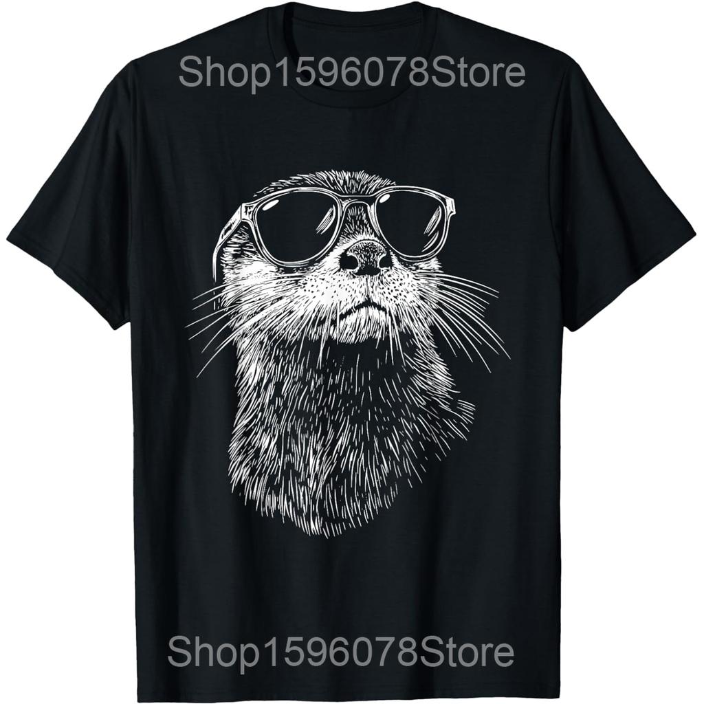 Camisetas Gráficas Engraçadas de Lontra com Óculos de Sol para Homens Mulheres Algodão Puro Humor Streetwear Camiseta Manga Curta Unissex Roupa Solta