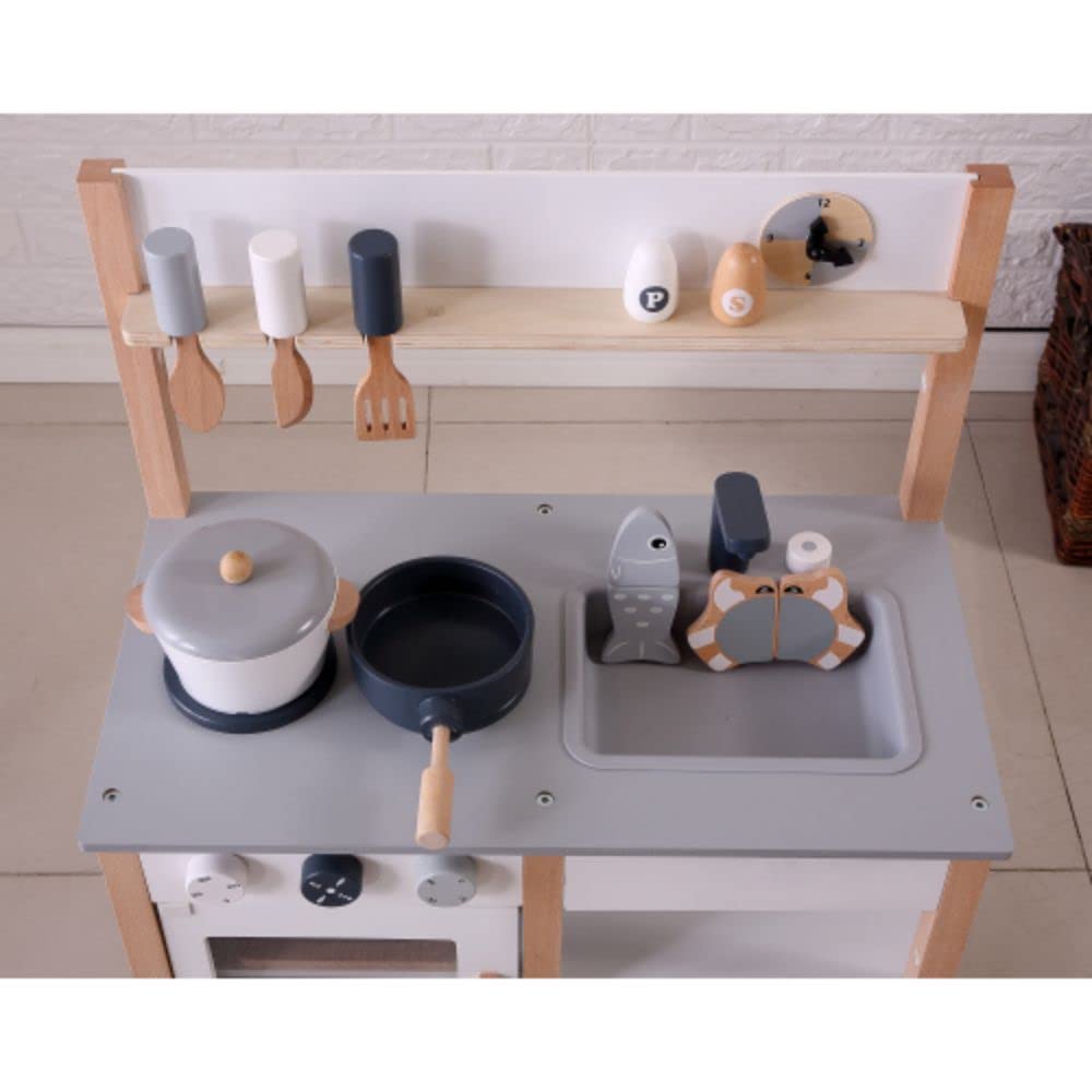 OSJ Wooden Play Kitchen Set with Cooking Display Mini Educational Christmas Birthday Present (OSJ) Utensils, Shelf, Kitchen, Toy, Spices, Food, Toys,