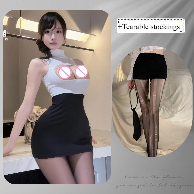 Sexy Secretary Uniform Set with Easy Access Bodycon Mini Skirt Plunge Mock Neck Sizzling Office Erotic Lingerie for Women