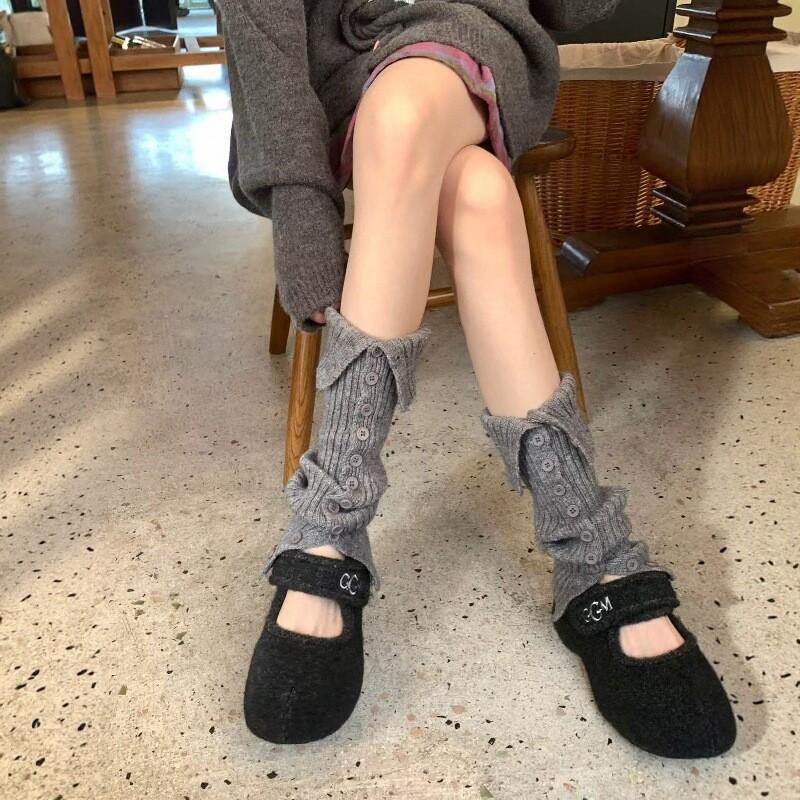 Autumn And Winter Split Button Stacking Socks Cover Women'S Knitted Warm Flanging Medium Tube Leg Guard Leg Cover Non-Slip Calf Socks