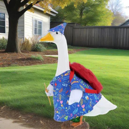 4Pcs/Set Back To School Porch Goose Outfits Outdoor Garden Lawn Yard Goose Statue Printed Dress Red Hat Backpack Pencil Dress-up Clothing