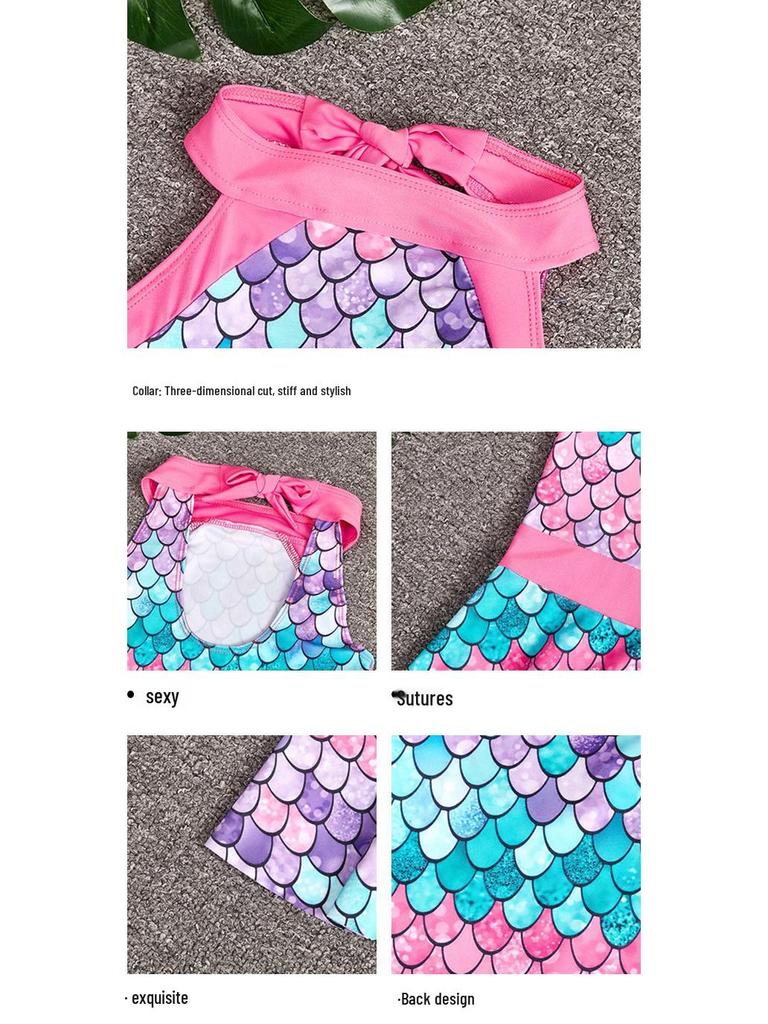 New Girls' Fish Scale Gradient One-Piece Swimsuit with Skirt for Children