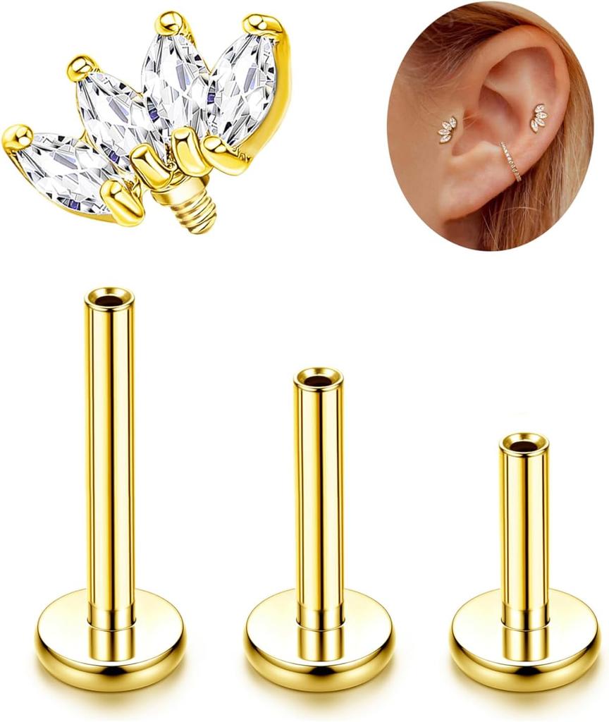 Bobisty G23 Titanium Tragus Conch Helix Piercing Jewelry 6mm 8mm 10mm Internally Threaded Flat Back Stud Earrings Tragus Jewel