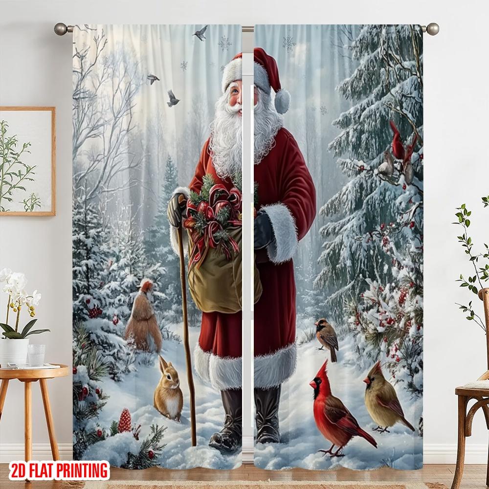 2pcs,2D Plane Printing Pattern Curtains Santa Forest Wildlife Christmas Present (2) Polyester Fabric (without Rod) Holiday Ldeal
