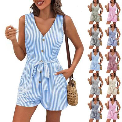 Women's Fashion V-Neck Lace-Up Jumpsuit Striped Sleeveless Casual One-piece Shorts