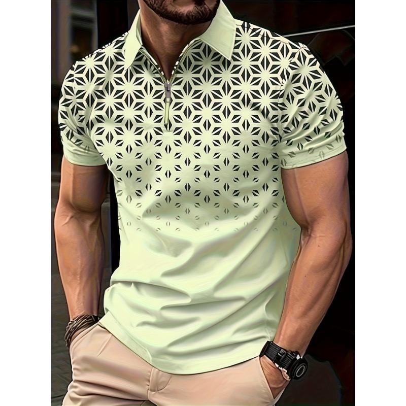 Men Short Sleeve Geometric Gradient Print Polo Shirt Light Blue Half-Zip Casual Top S