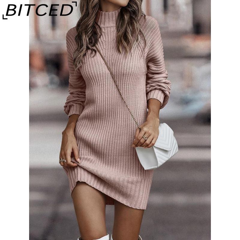 BITCED Fall/Winter Solid-Color Long-Sleeve Fashion Turtleneck Sweater Dress for Women