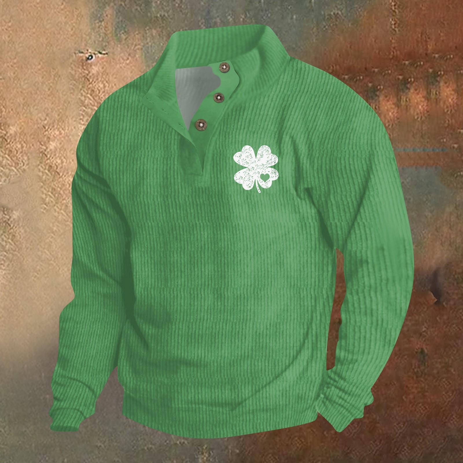 

Трикотажный принт на 3 пуговицах - вельветовый мужской свитшот со стоячим воротником и карманом, повседневный свитшот на пуговицах для активного отдыха M зелёный