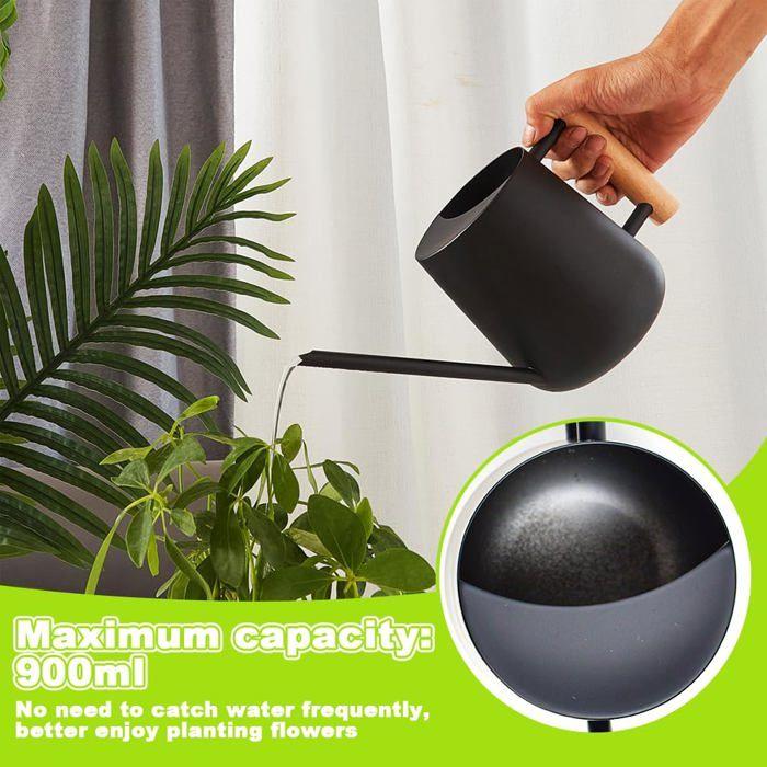 Arrosoir inox 1 L noir - bec fin 16 cm, poignée bois, anti-corrosion, pour plantes d'intérieur
