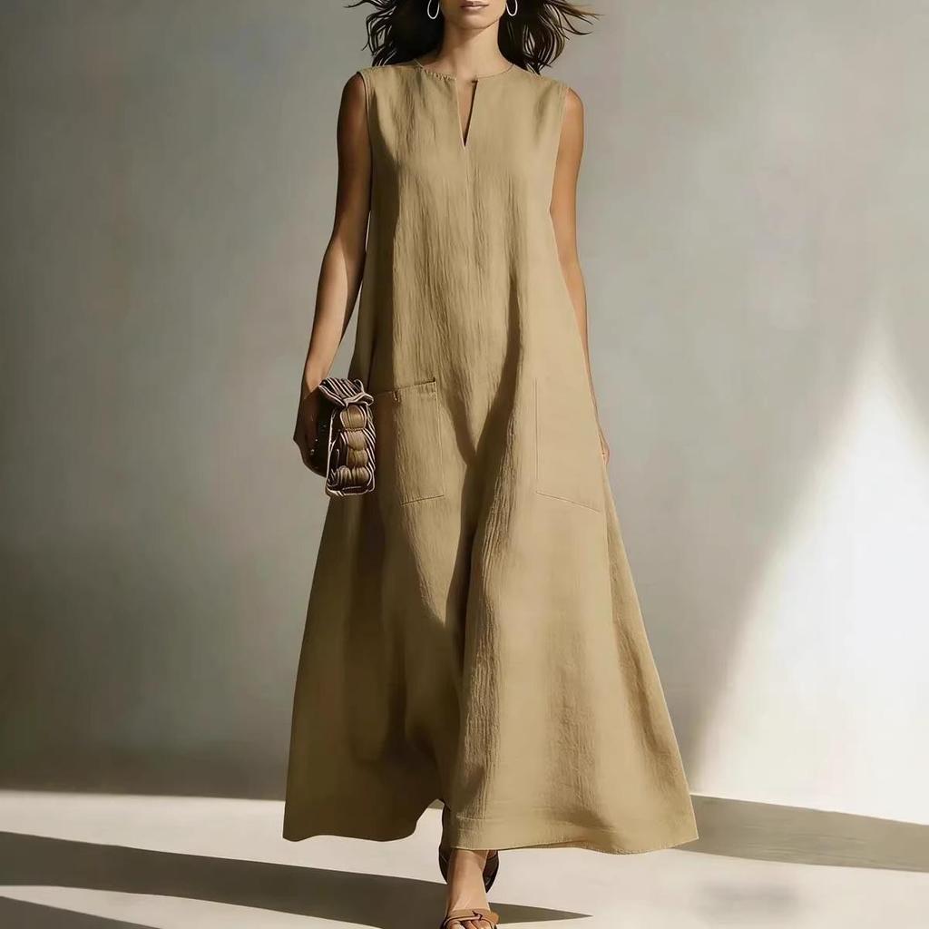 European & American Style Women's Cotton Linen Sleeveless Casual Dress - Spring/Summer Collection