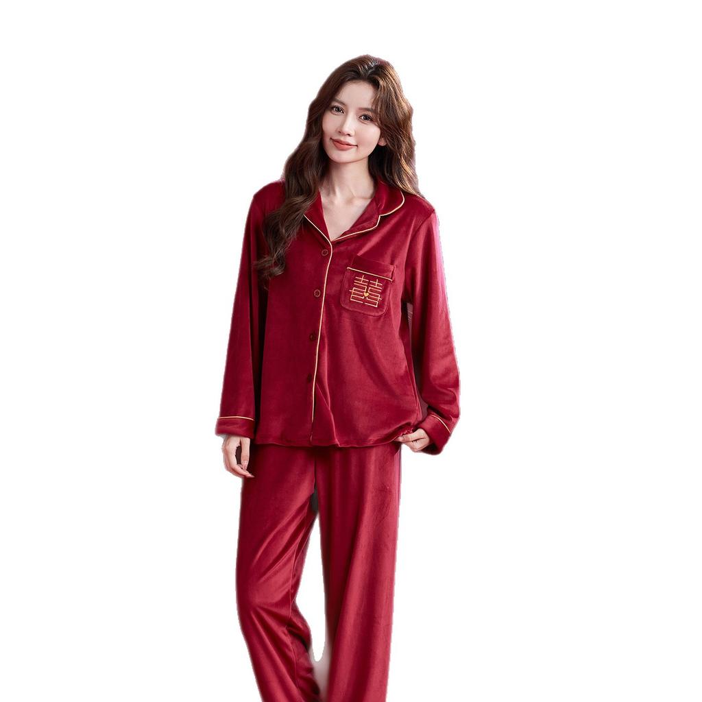 Wedding pajamas newlywed couple suit women's autumn and winter red island fleece warm flannel men's loungewear