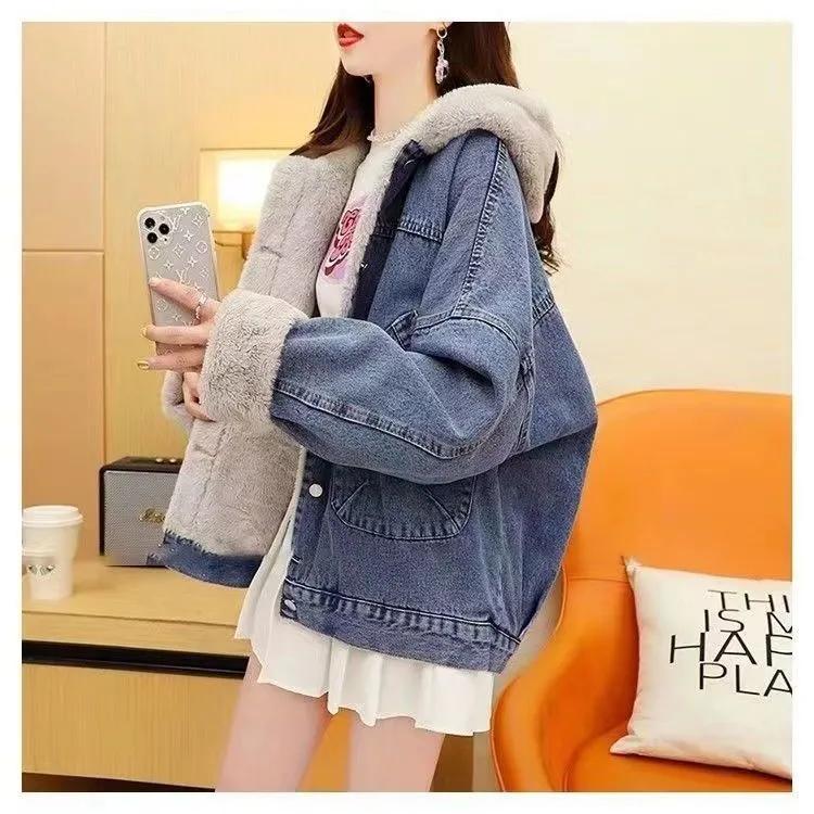 Women Winte Hooded Warm Outerwear Denim Jacket Fur Plush Patchwork Jean Coat