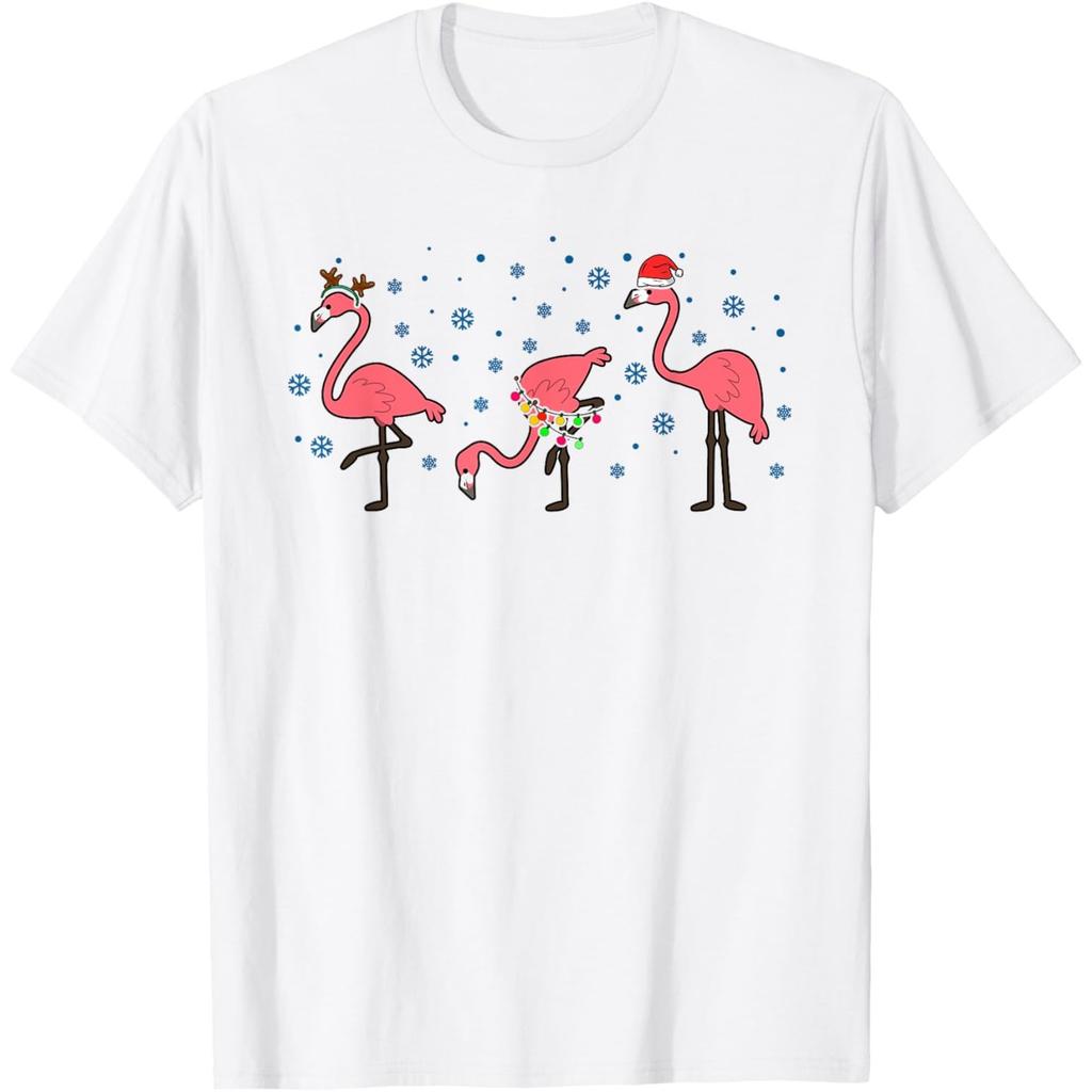 Funny Flamingo Christmas Graphic Tee Three Birds Snowflakes Casual O-Neck T-Shirt