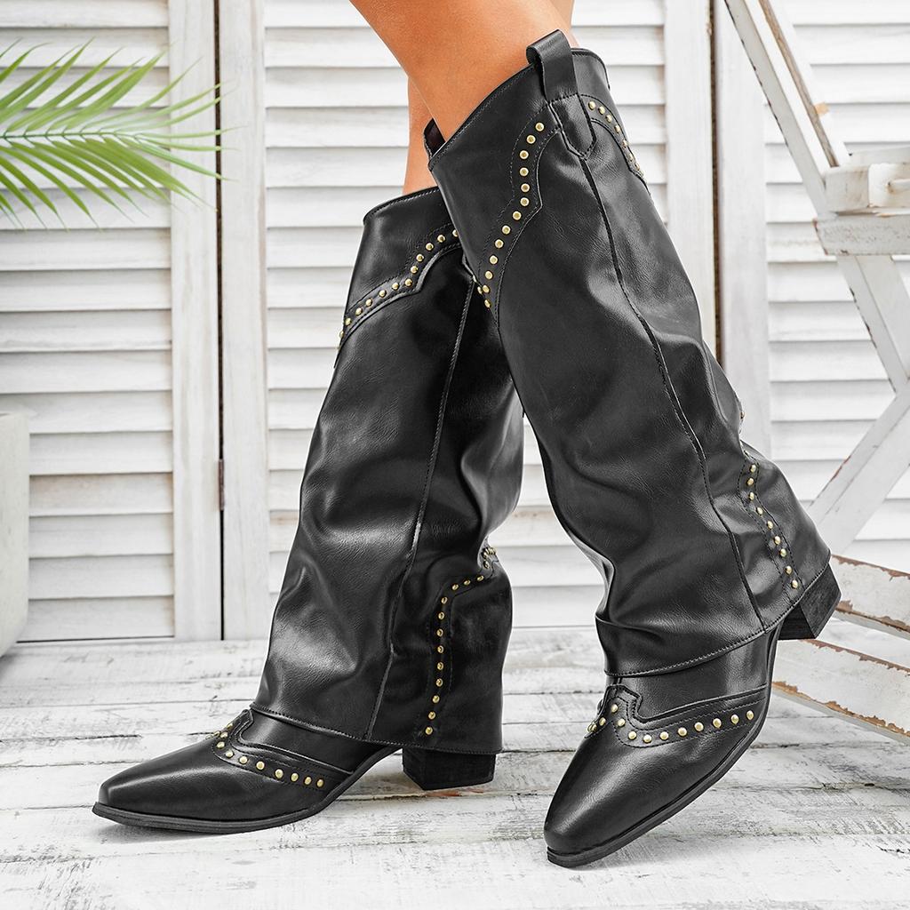 Fashion Women's Autumn New Large-sized Mid-heel Women's Boots, British-style Fashion Boots with Rivets and Knee-length Boots