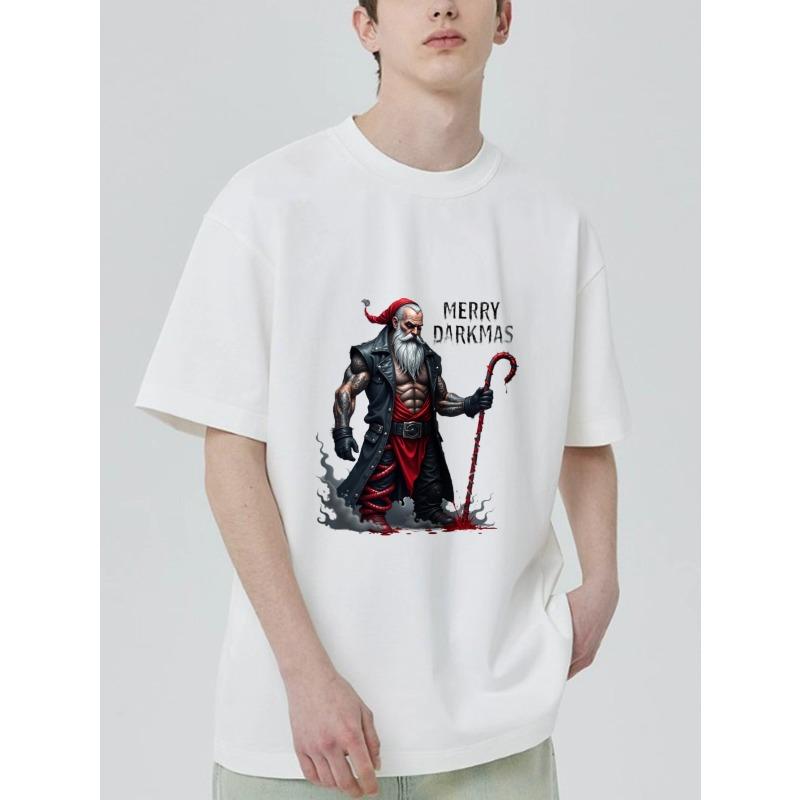 Mens Black T Shirt Dark Santa Claus with Red Cane and Merry Darkmas Text Christmas Holiday Party Wear