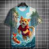 Men's Orange Cat Ai T-shirt 3D Printed Beach Catching Fish Kitten Printed Short Sleeve T-shirt Daily Casual Round Neck T-shirt