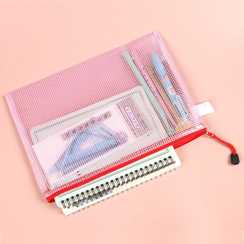 A4 Waterproof Mesh Zipper File Bag - Transparent, PVC, Handheld, Office & Student Stationery.
