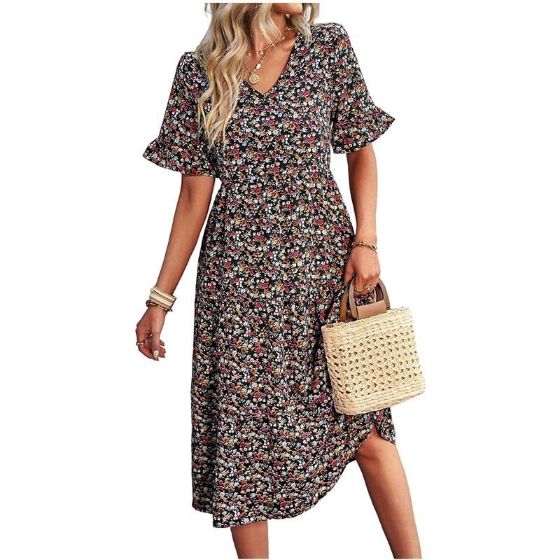 V-neck Short Sleeve Floral Printed Dress Summer Fashion Elegant Loose Long A-line Party Dresses Casual Bohemian Beach Slim Fit Elegant Clothing