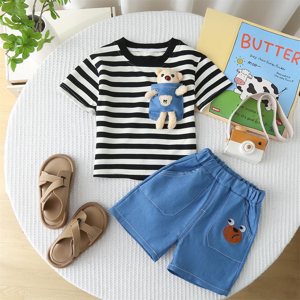 

Комплект из 2 предметов для мальчиков из хлопка - Полосатая футболка с карманом и мишкой + Повседневные джинсовые шорты - Высококачественная детская одежда - S-XXL XXL чёрный