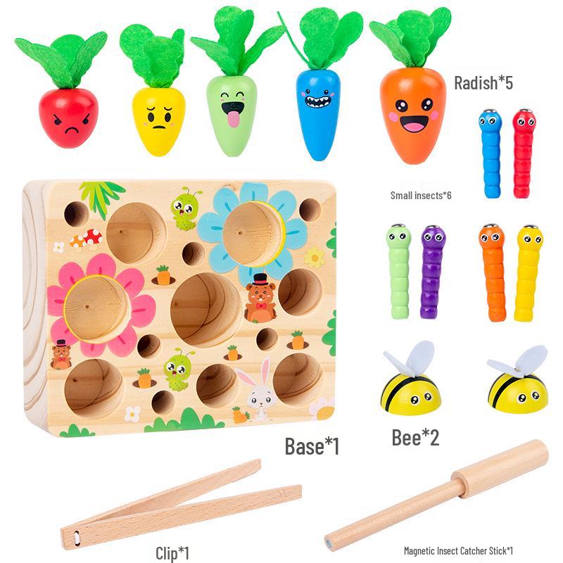 Wooden Radish & Bee Catch Game: Early Education Toy for Hand-Eye Coordination with Carrots, Fishing, and Insect Catching Elements
