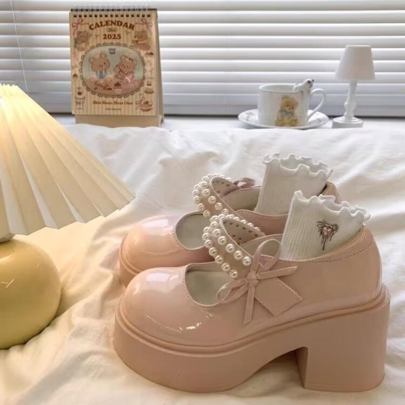 Fashion Beaded Bow Mary Jane Single Shoes Women's Fashion Round Toe Shallow Mouth Slip Strap Platform Non-Slip Low Top Shoes