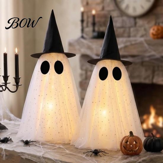 Léčivý styl Sváteční dekorace duchů Dekorace na Halloween, Strašidelná síťovina s flitry a kloboukem čarodějnice/mašlí, Roztomilé dekorace Malá stojící stolní dekorace