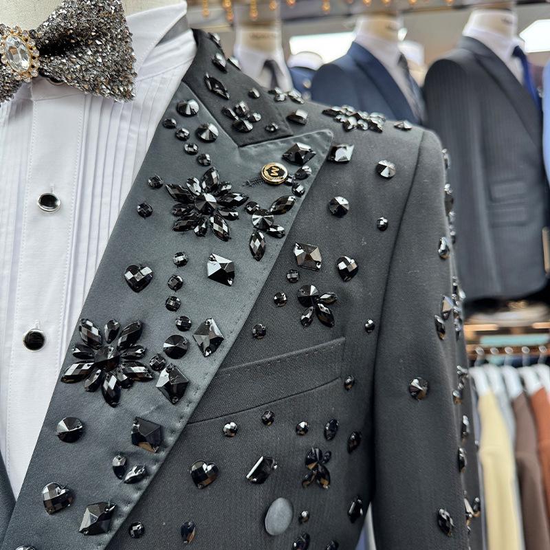 Completo da Uomo Ricamato a Mano con Perline - Elegante Set 2 Pezzi per Occasioni Casual, Banchetti e Eventi Formali