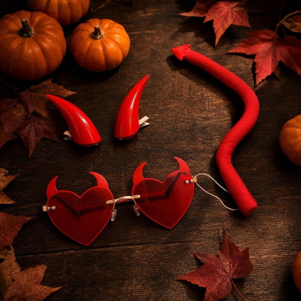 Halloween Devil Costume Set with Headband, Glasses and Tail for Adults