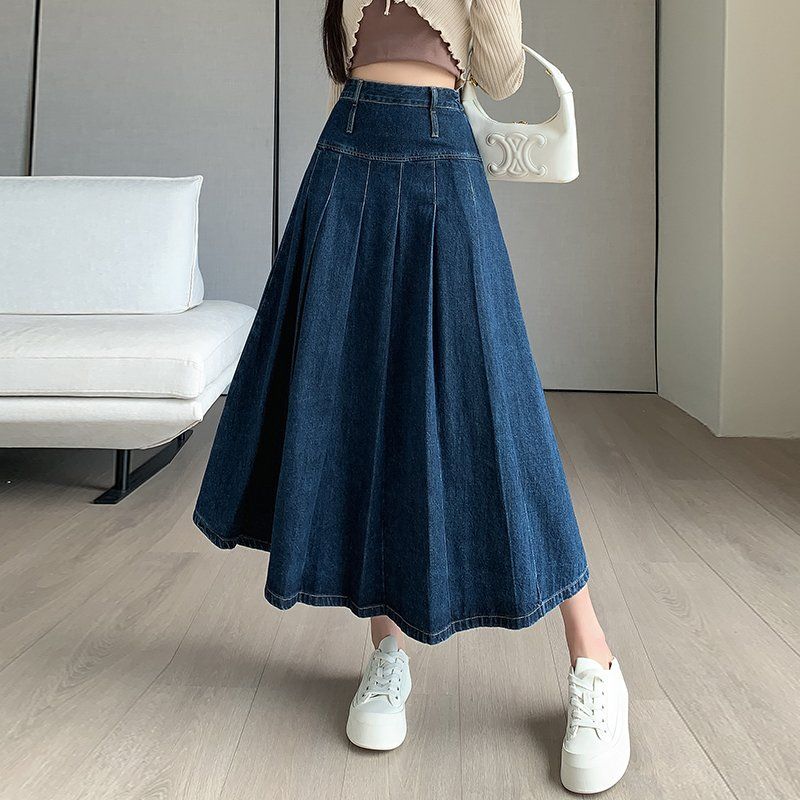 

Винтажная плиссированная драпированная джинсовая юбка женская осень-зима 2024 новый поступление свободная самая простая в сочетании А-силуэт большой подол длинная юбка Blue(3599#) L