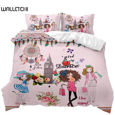 Girl Duvet Cover Set Pink Fashion Girl Sister Flowers Bedding Set Kids Girls Theme Double Queen King Size Polyester Qulit Cover