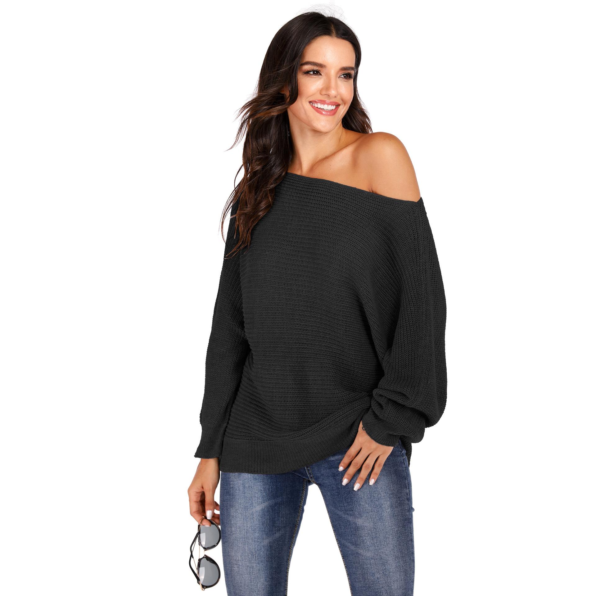 

Осенне-зимний женский свободный тканый свитер с рукавами «летучая мышь», однотонным вырезом горловины и косыми плечами L чёрный