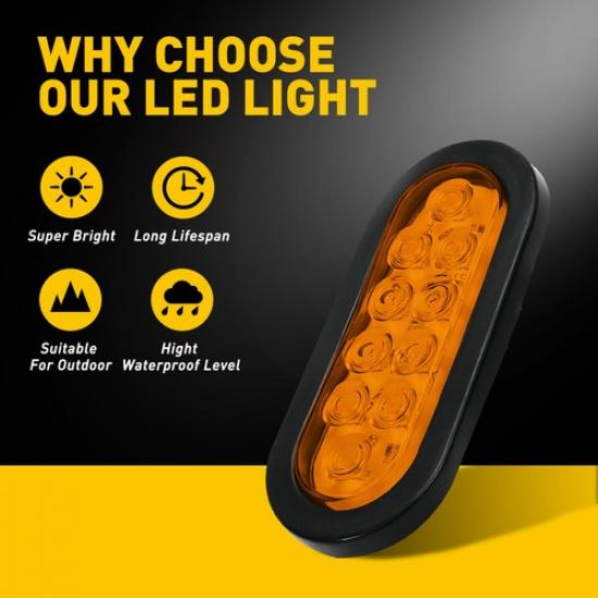 2 Lâmpadas LED Âmbar 15cm Ovais para Trailer 10 Luzes Freio Seta Lanterna Traseira Caminhão Selado com Plugue de Borracha