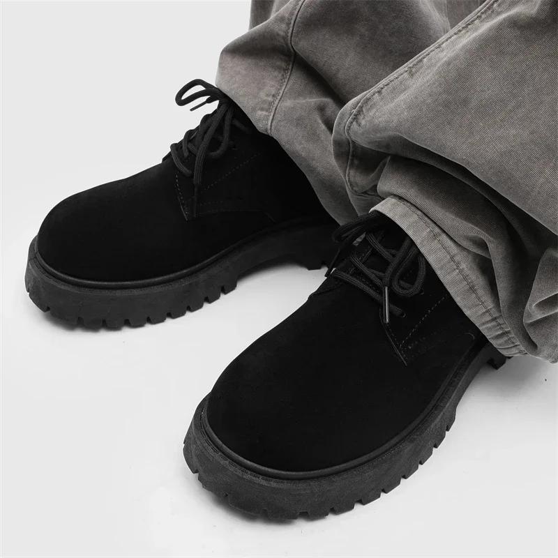 Big Round Toe Men's Casual Shoes High Quality Brown Nubuck Leather Thick Bottom Fashion Show Men Leather Anti-slip Shoes 39-46