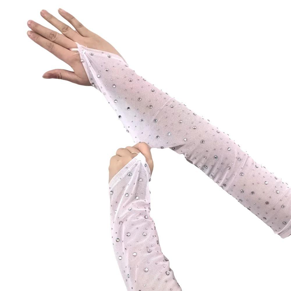 1 Pair Breathable Fingerless Gloves Rhinestone Sunscreen Arm Sleeves Long Elegance Mitten  Women