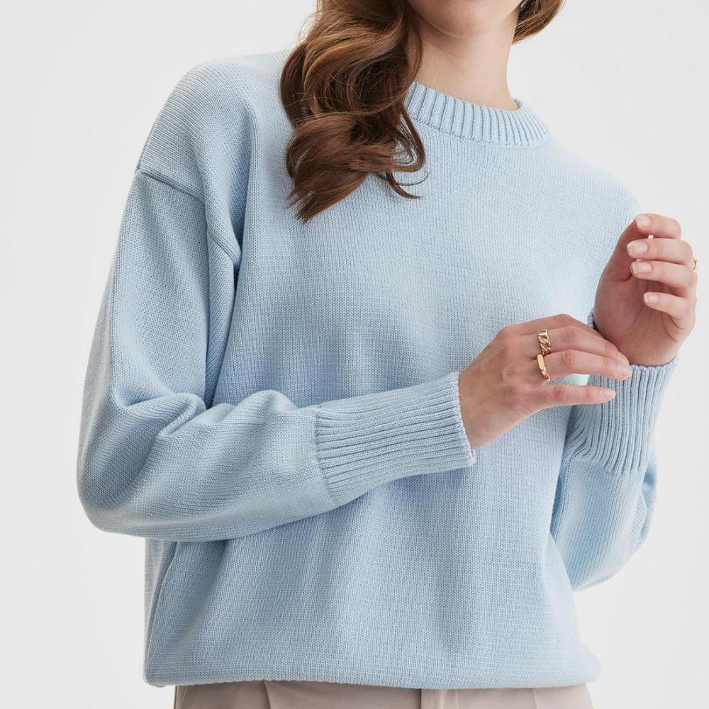 

IHUASU Осенне-зимняя женская мода повседневный однотонный длинный рукав O-образный вырез свободный свитер L светло-синий