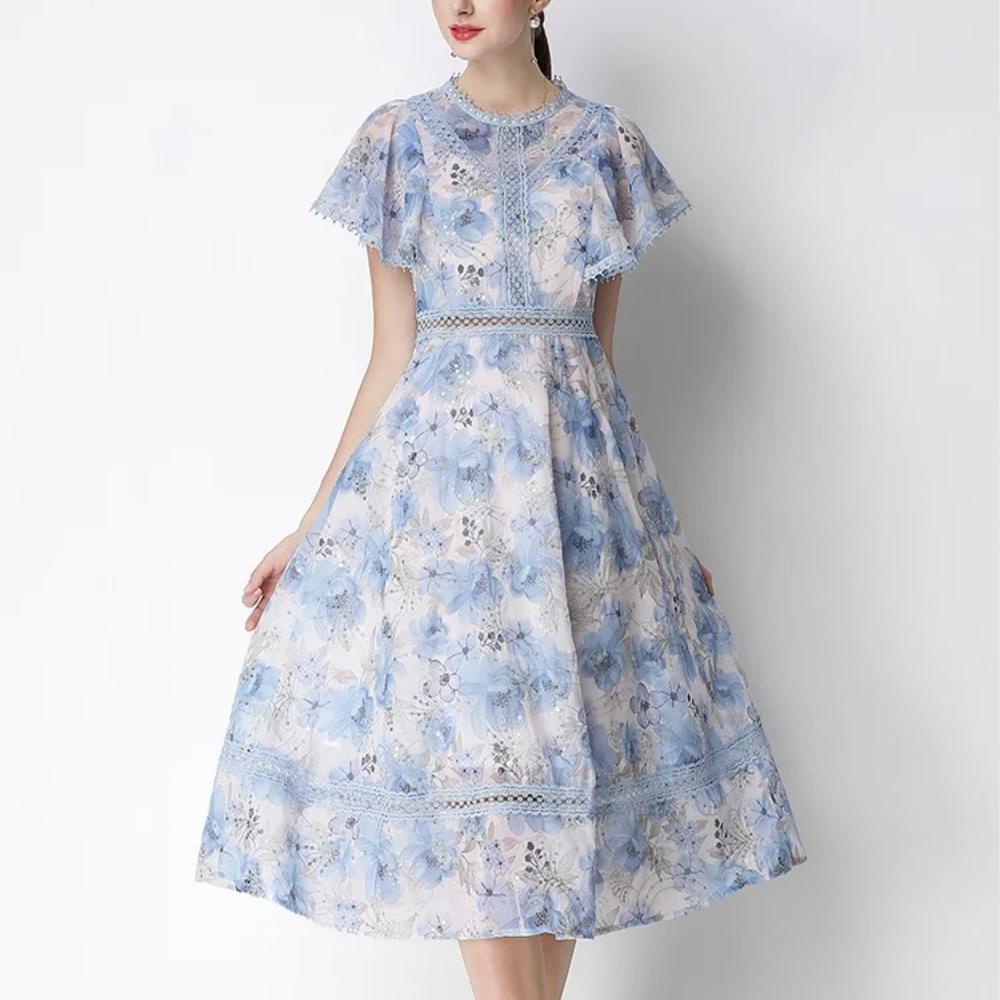 Vintage High-End O-Neck Short Sleeve Ruffle Lace Hollow Out Dress for Women's Summer Slim Elegant Long Dress Female Clothing