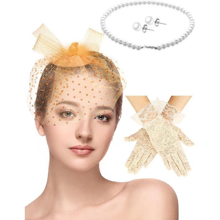 4 Pcs Tea Party Fascinator Hat Set for Women Lace Glove Pearl Set | Tea Party Accessories Outfits Headpiece Veil Lace Glove Pearl Jewerly for Wedding