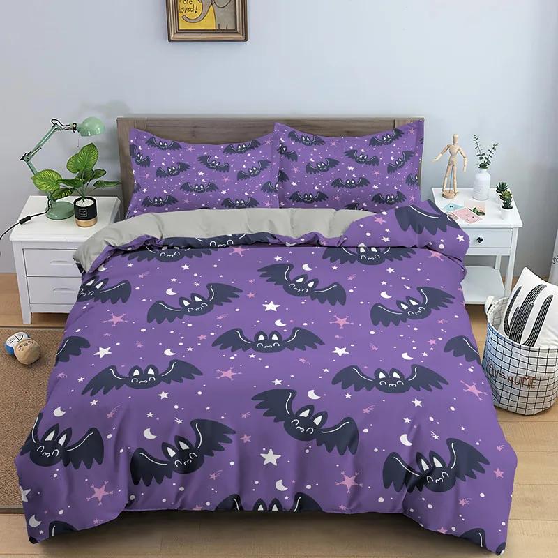 

Halowen Bat King Quen Soft Duvet Cover Carton Black Nocturnal Animals Beding Set for Children Kids Hor 2/3pcs Polyester Comfortable Quilt Cover 100*200cm Single