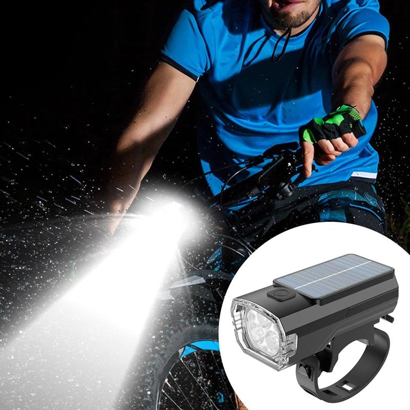 Solar Power Bike Front Lamp USB Rechargeable Cycling Flashlight Waterproof 3 Level Dimmable for Cycling Accessories Night Riding