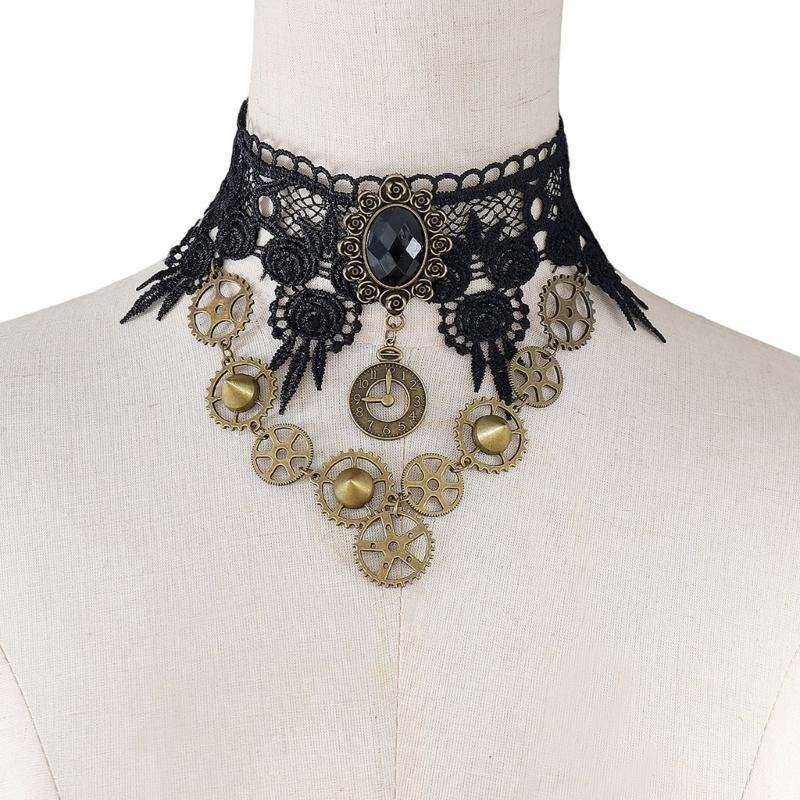 Black Lace Centerpiece Neck Jewelry Set Gothic Statement Accessories for Themed Photo Shoots, Festivals and Halloween Looks