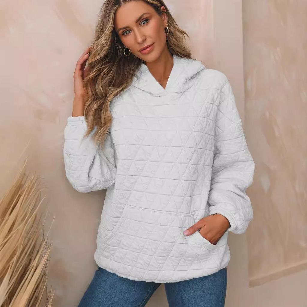 Autumn Solid Color Women's Hooded Sweatshirt Casual Wind Pocket Quilted Long Sleeve Top