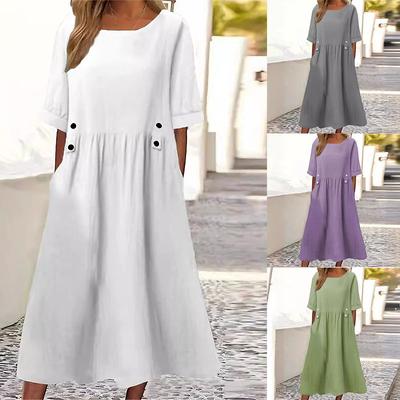 Round Neck Dress-up Breathable Cotton Linen Women Dress Streetwear Lady