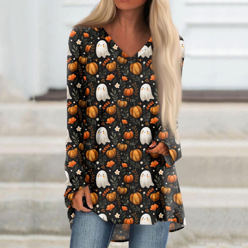 Ladies' Fashionable And Casual Halloween Printed T-shirt Long Sleeved V-neck Mid Length Top