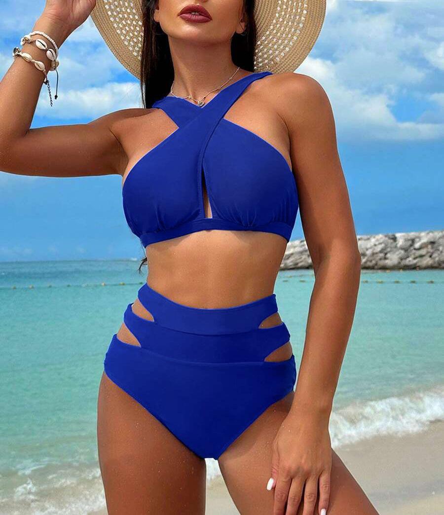 

European And American New Bikini Split 2-Piece Suit Sexy Backless Cross Belt Solid Color Swimsuit Women S синий