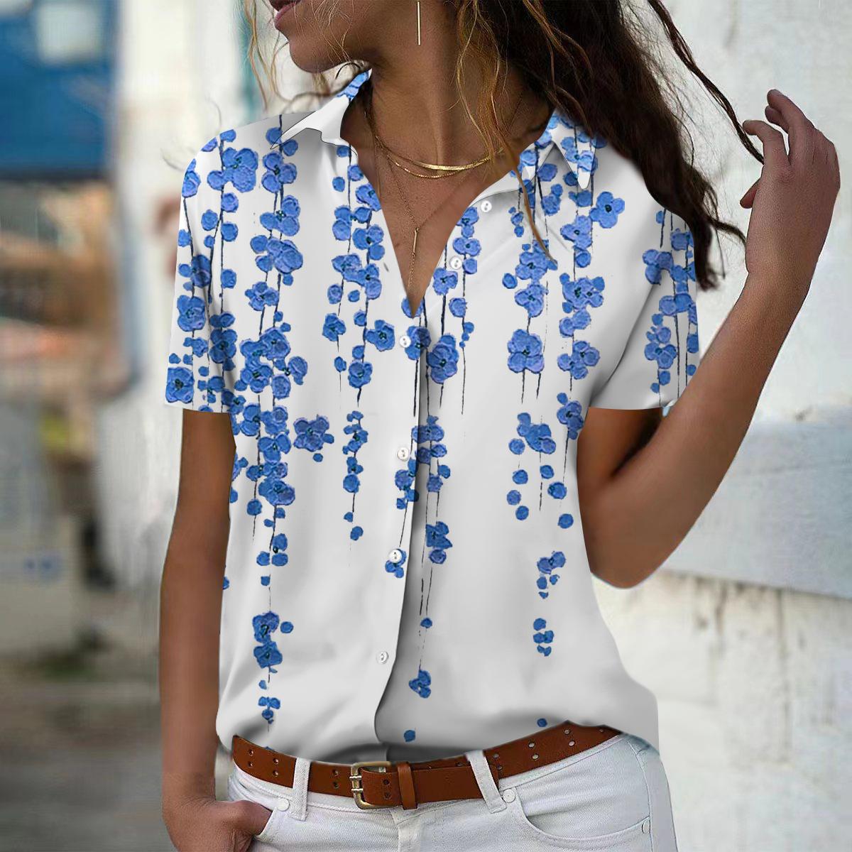 

Лето 2025 Новая Мода Женская Блузка с Коротким Рукавом и V-образным Вырезом на Пуговицах с Цветочным Принтом 3XL синий